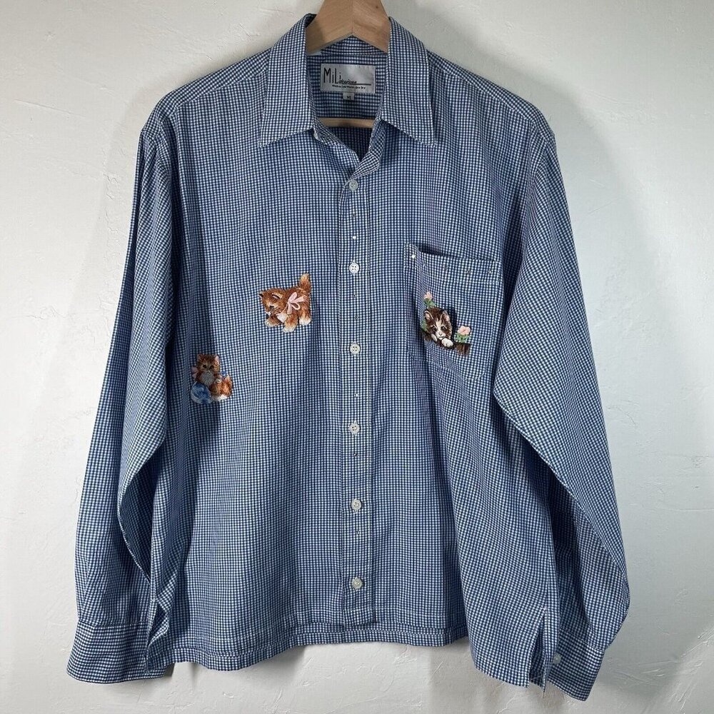 Mili Designs Appliquéd Embellished Cat Kitten Shirt Blue Gingham Check VTG Sz M